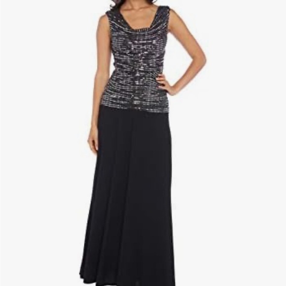 R&M Richards Metallic A-Line Gown Drape Neck Sleeveless Dress NEW Sz 6 Black - Picture 3 of 9